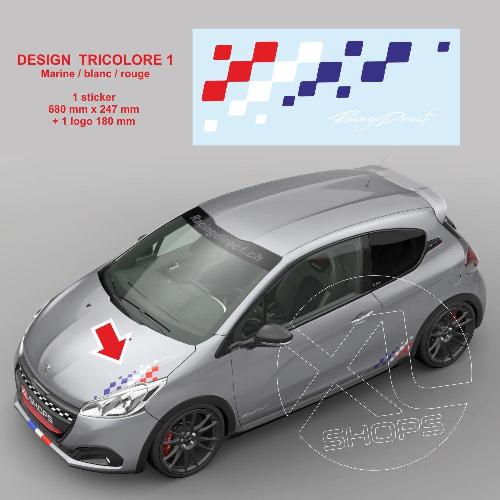 1 sticker PEUGEOT SPORT damiers tricolore capot moteur 68 cm 