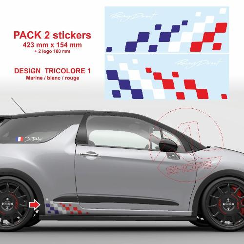 2 stickers pour CITROEN RACING damiers tricolore latéraux Racing 42 cm 