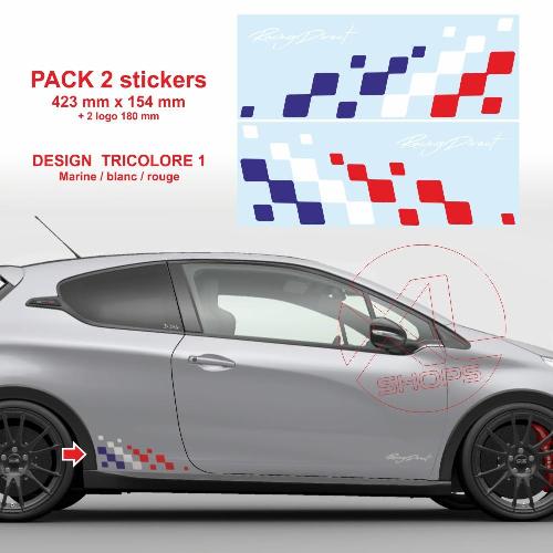 2 adesivi per PEUGEOT SPORT fasce laterali bandiera a scacchi Racing Tricolore 42 cm 