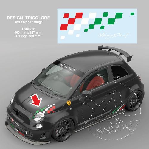 1 sticker FIAT ABARTH damiers tricolore capot moteur 68 cm 