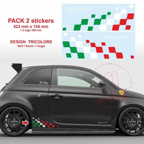 2 adesivi per FIAT ABARTH fasce laterali bandiera a scacchi Racing Tricolore 42 cm 