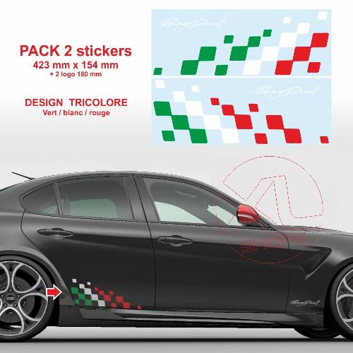 2 adesivi per ALFA ROMEO fasce laterali bandiera a scacchi Racing Tricolore 42 cm 