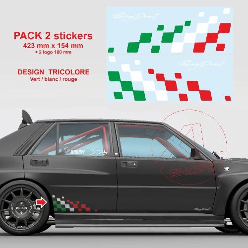 2 stickers pour LANCIA Delta damiers tricolore latéraux Racing 42 cm 